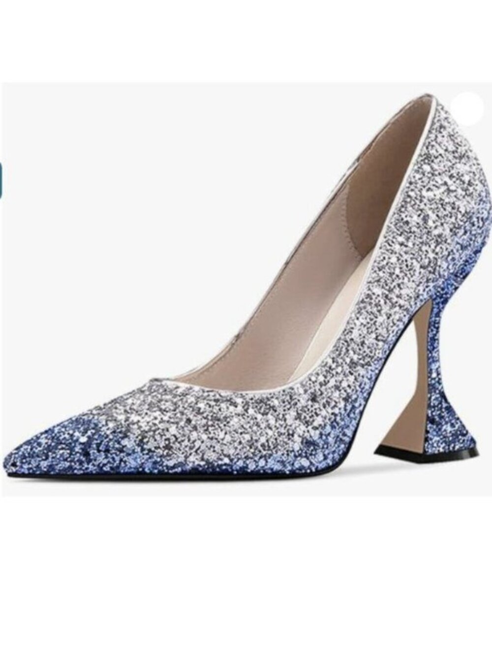 YDN Women Pointed Toe Slip on Pumps Special Kitten High Heel Shoe Silver Blue